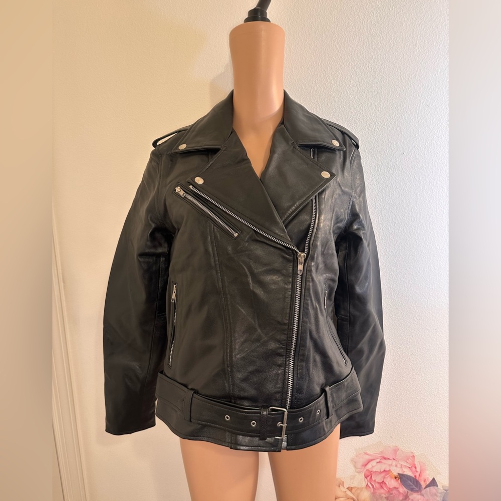 New real leather biker moto jacket black buckle bomber